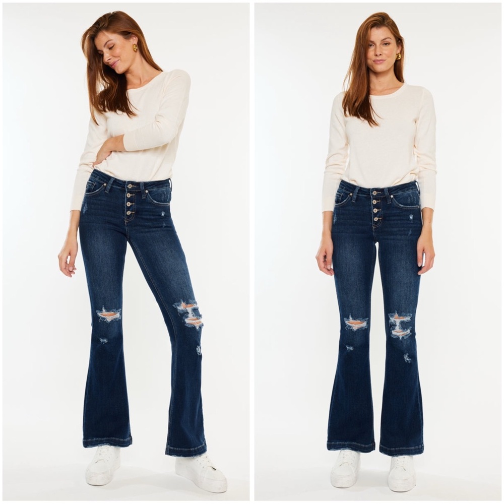 KanCan Jaden Mid Rise Flare Jean Distressed Dark Wash Women’s Size 29 Petite
